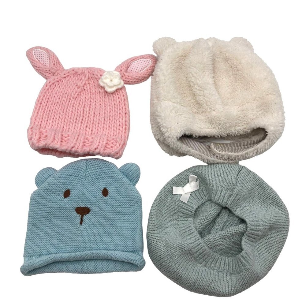Baby Girls 0-9M 6-9M Knit Winter Hats BUNDLE Fuzzy Ears Cute Beret Animal Bear‎